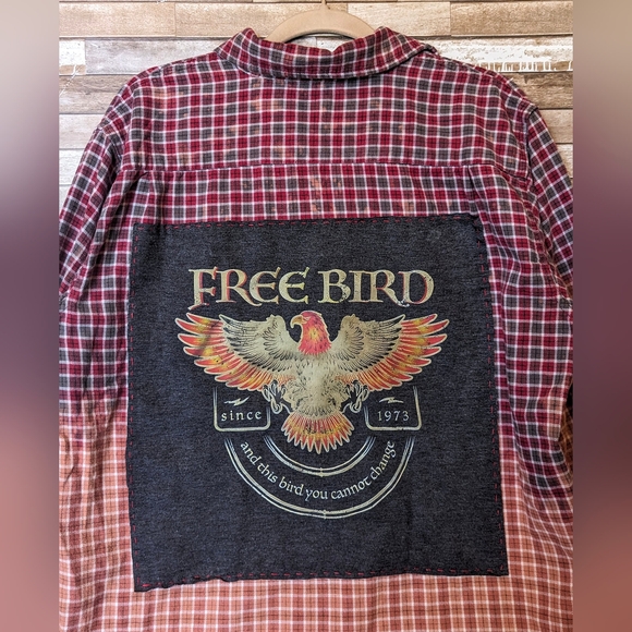 Free Bird Upcycled Handcrafted Dip Dye Bleach Flannel Shirt - Picture 5 of 13